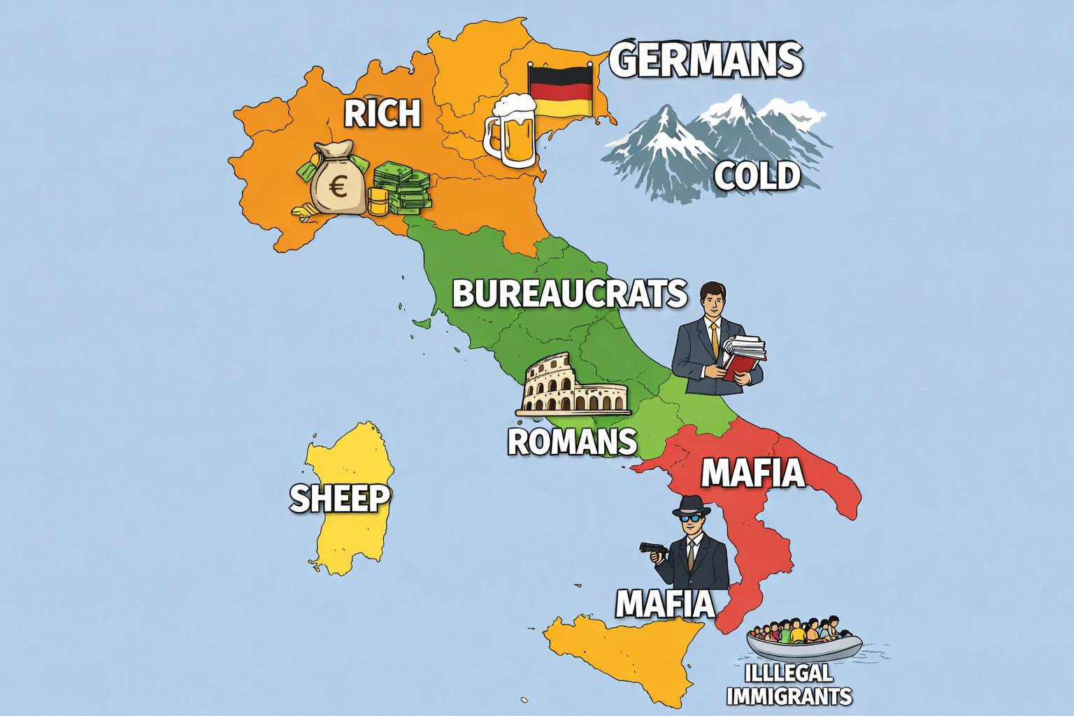 ChatGPT 5.2 - Alternate map of Italian Stereotypes