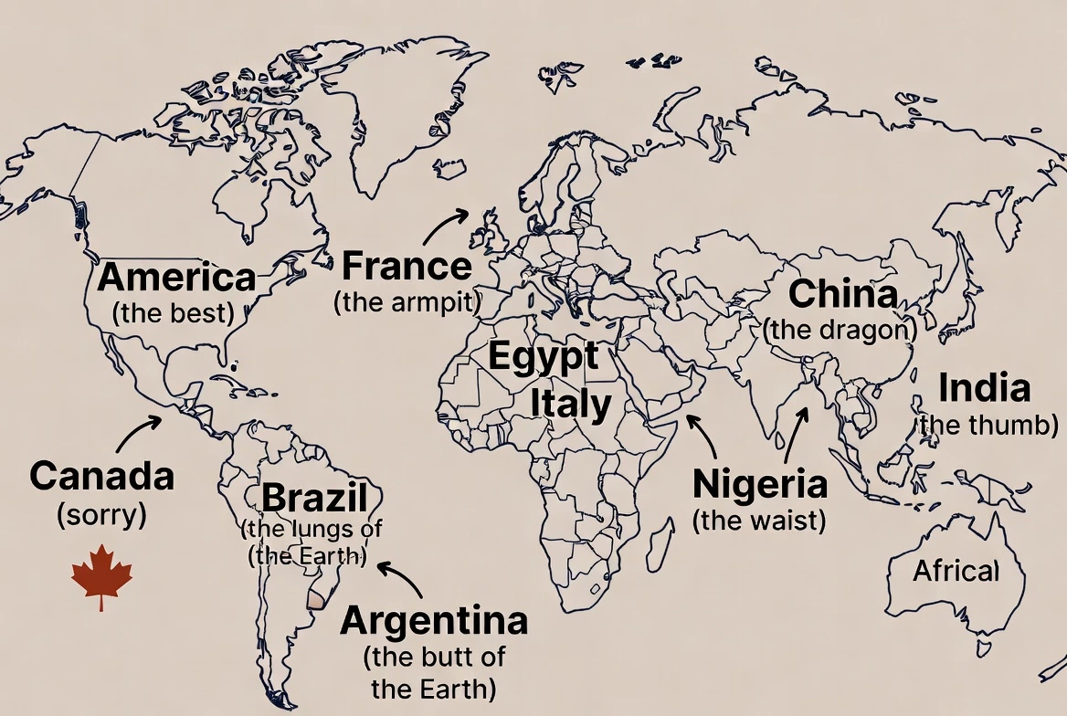 Create a map showing the funniest geography meme you know from Grok 1