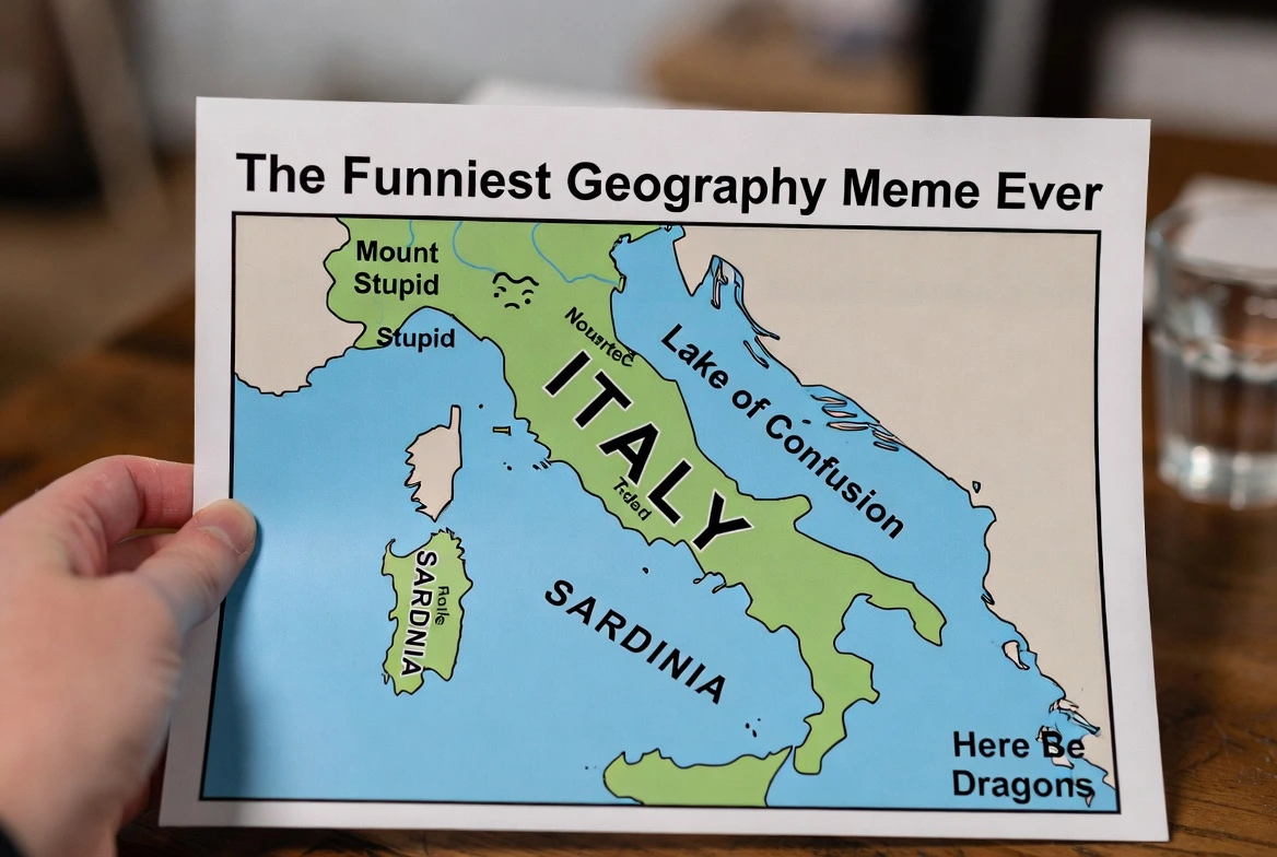 Create a map showing the funniest geography meme you know from Grok 4