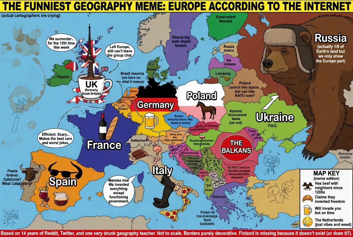 Create a map showing the funniest geography meme you know from Grok 5