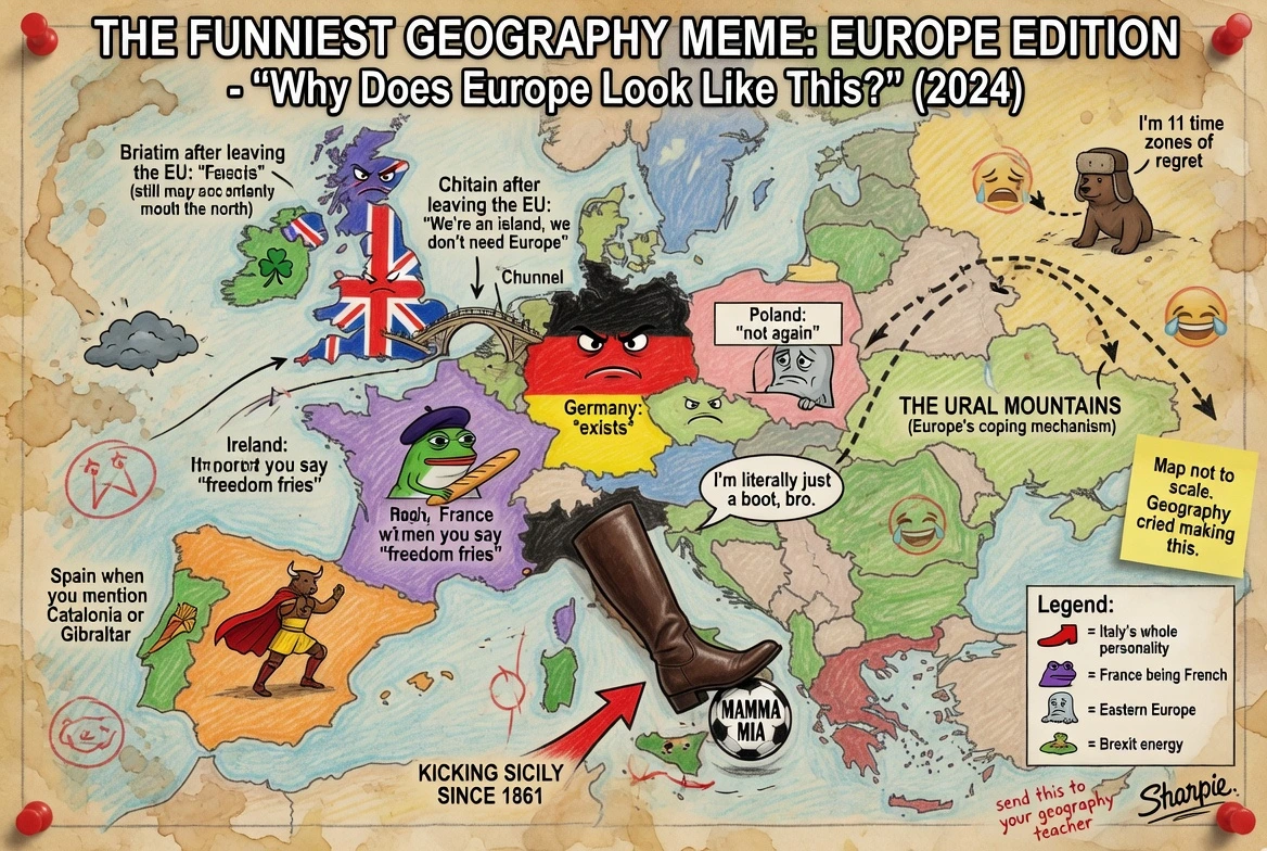 Create a map showing the funniest geography meme you know from Grok 6