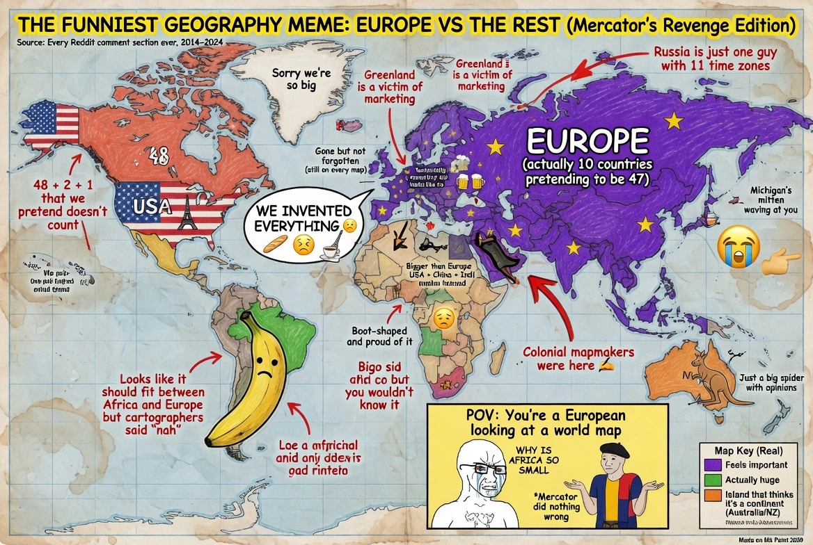 Create a map showing the funniest geography meme you know from Grok 7