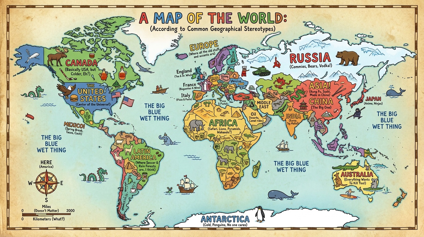 Create a map showing the funniest geography meme you know from Nano Banana 2