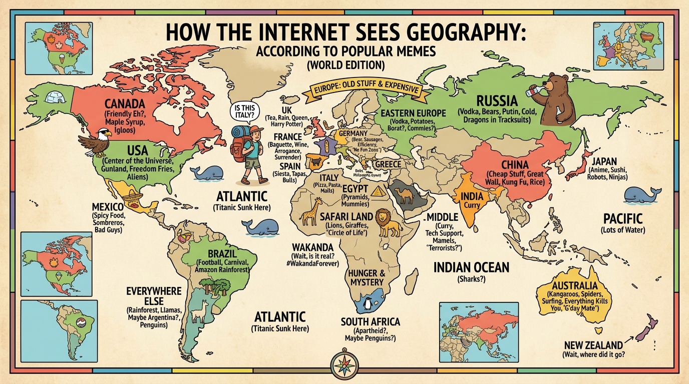 Create a map showing the funniest geography meme you know from Nano Banana 2 alternative